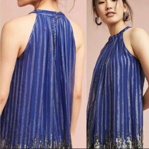 Anthropologie Ranna Gill Blue Flowy beaded top gold sz Small halter
